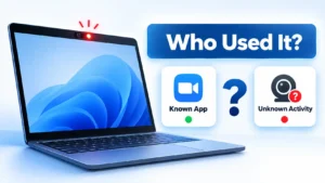 Laptop with webcam light on beside Known App and Unknown Activity cards under a Who Used It? banner