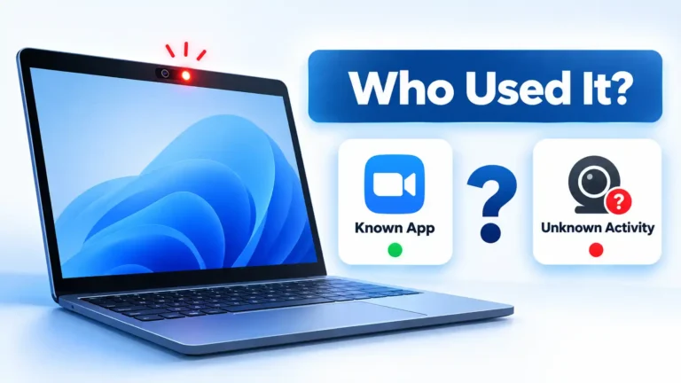 Laptop with webcam light on beside Known App and Unknown Activity cards under a Who Used It? banner