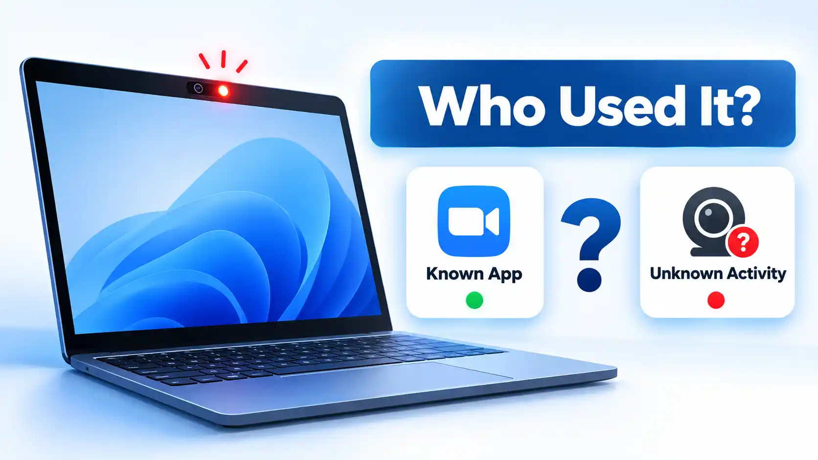 Laptop with webcam light on beside Known App and Unknown Activity cards under a Who Used It? banner