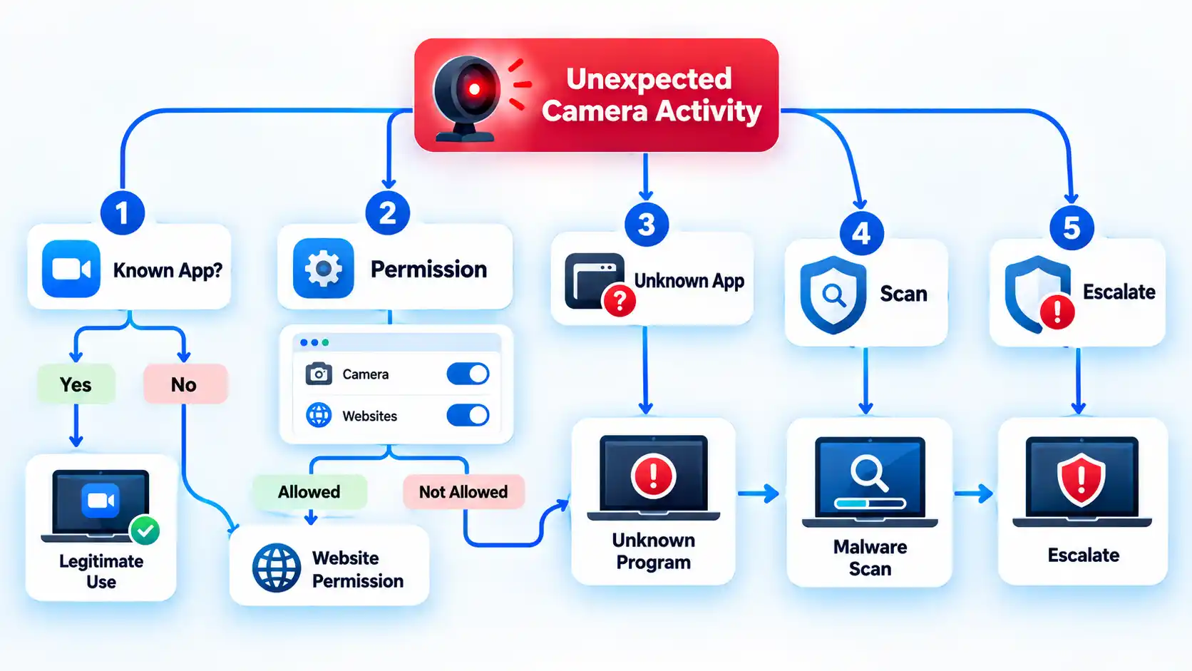 Webcam activity flowchart with Known App, Permission, Unknown App, Scan, and Escalate steps