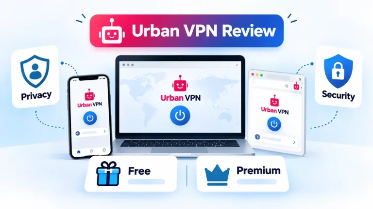 Urban VPN on laptop, phone, and browser with Free, Premium, Privacy, and Security cards